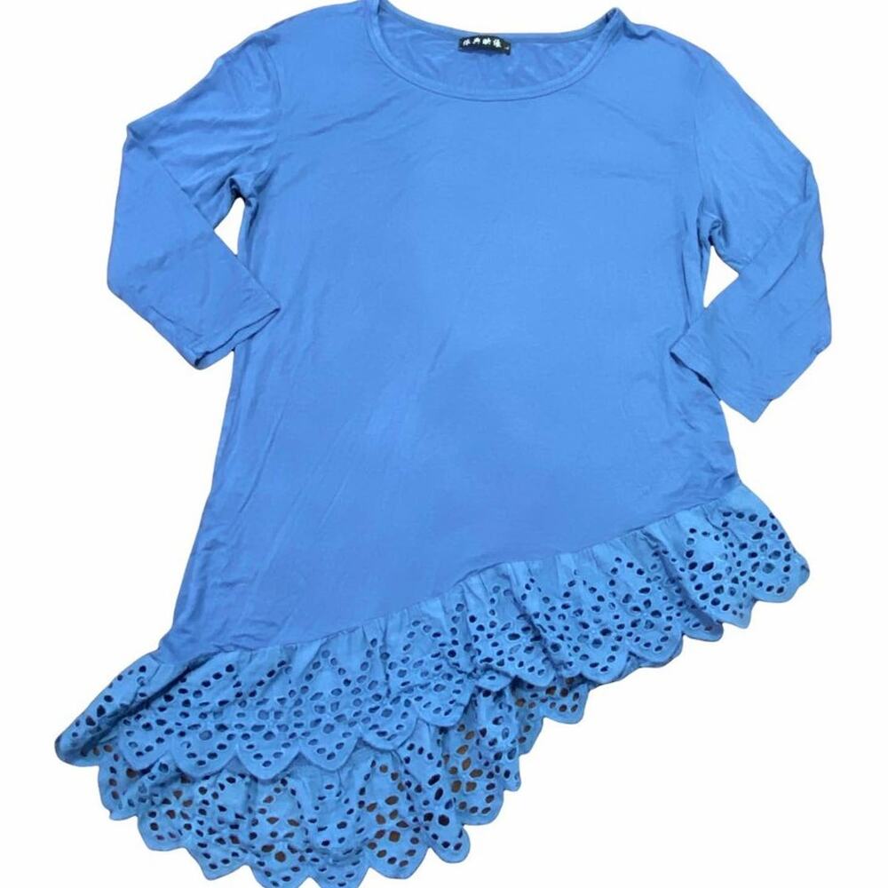 Blue Tunic Shirt Top with Asymmetrical Ruffled Eyelet Hem 3/4 Sleeves Size Large